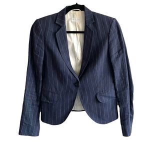 MASSIMO DUTTI Linen Navy Blue Pinstripe Button Front Blazer 38